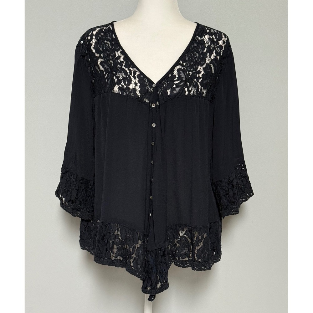 Karen Kane Floral Lace-Trim Boho Button Down Flowy Blouse Navy Blue Size XL
